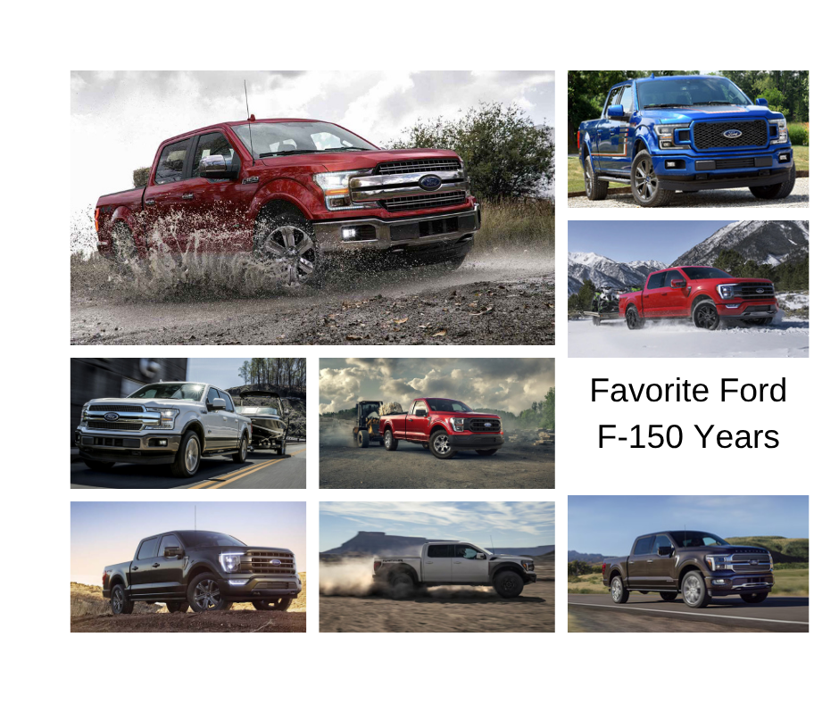 A collage of 8 different Ford F-150s from varying years and text reads "Favorite Ford F-150 Years"